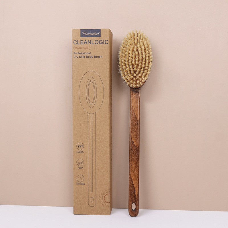 Long-Handled Boar Bristle Bath Brush for Exfoliating and Dry Brushing